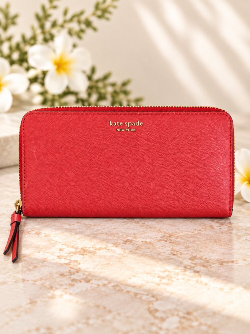 Kate Spade New York Red Saffiano Leather Zip Around Continental Wallet